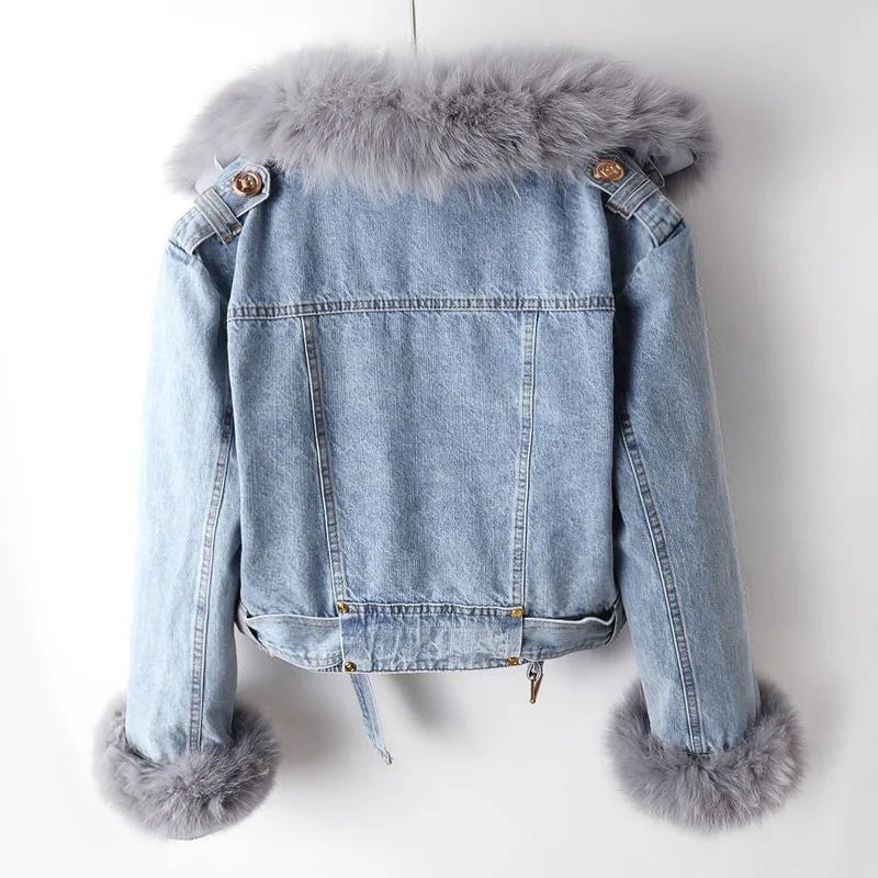 Gabriella | Women’s denim jacket with removable faux fur collar and cuffs