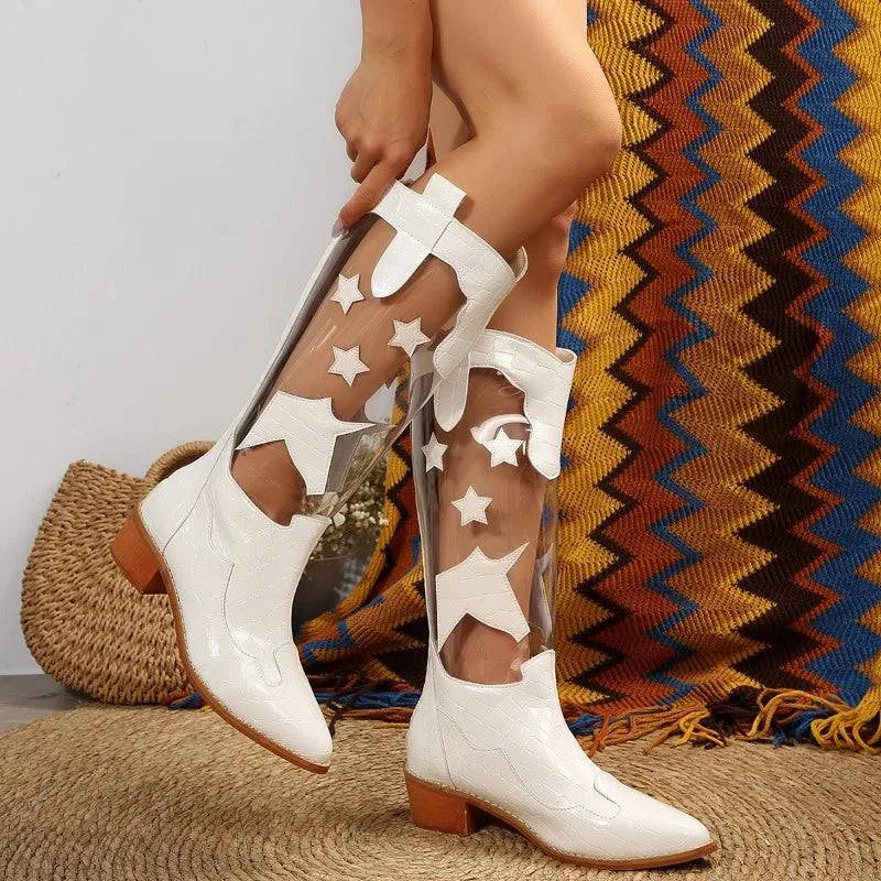 Angela | Women’s clear star-detail cowboy boots with faux croc leather