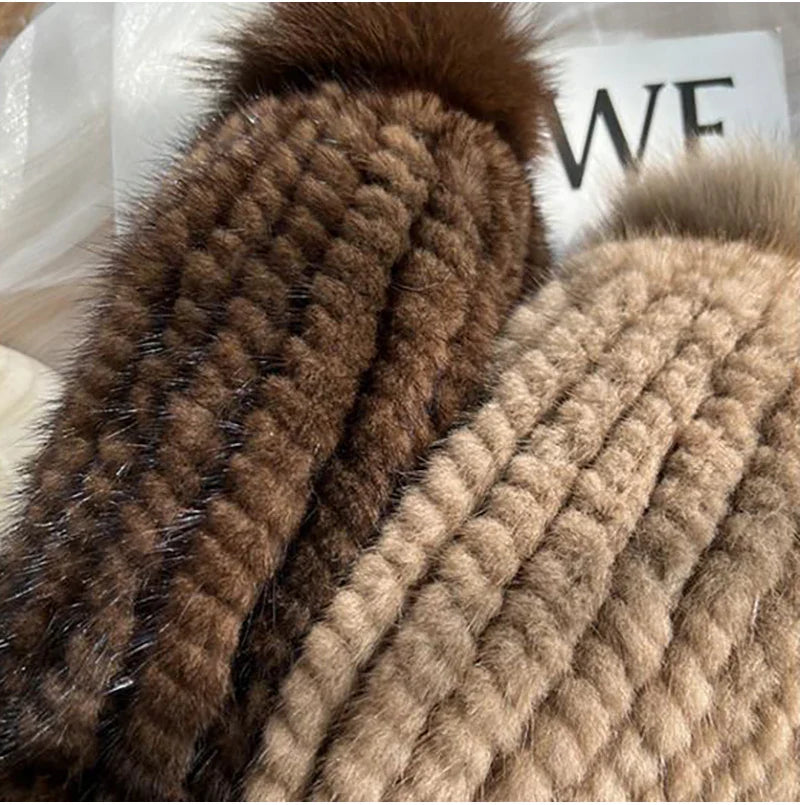 Hadley | Women’s mink fur beanie with fox fur pompoms