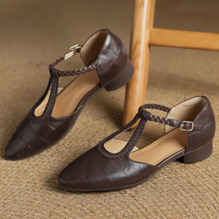 Cara | Women’s t-strap sandals with braided detail and pointed toe