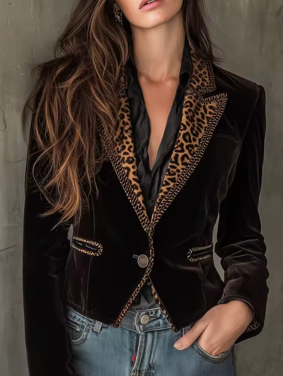 Yanna | Women's velvet leopard trim blazer
