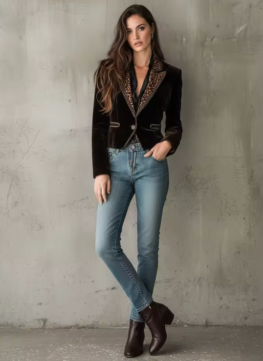 Yanna | Women's velvet leopard trim blazer