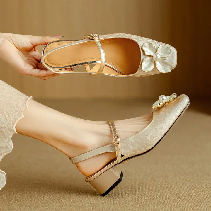 Azalea | Women’s block heel sandals with floral embellishment