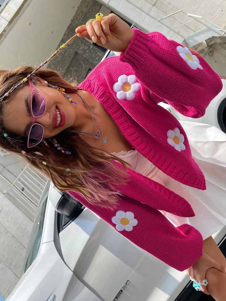 Ella | Women’s floral knit cardigan with daisy embroidery and open front