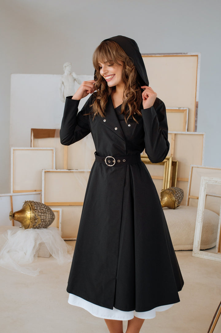 Alice | Women’s elegant double-breasted trench coat with hood and belt