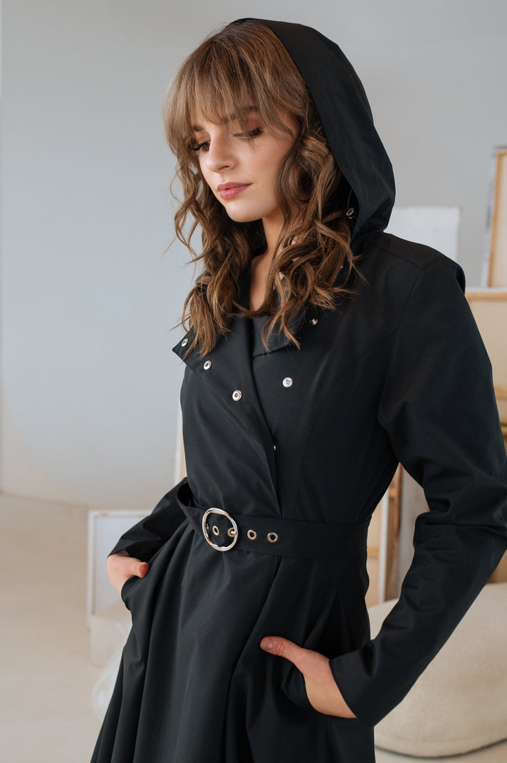 Alice | Women’s elegant double-breasted trench coat with hood and belt