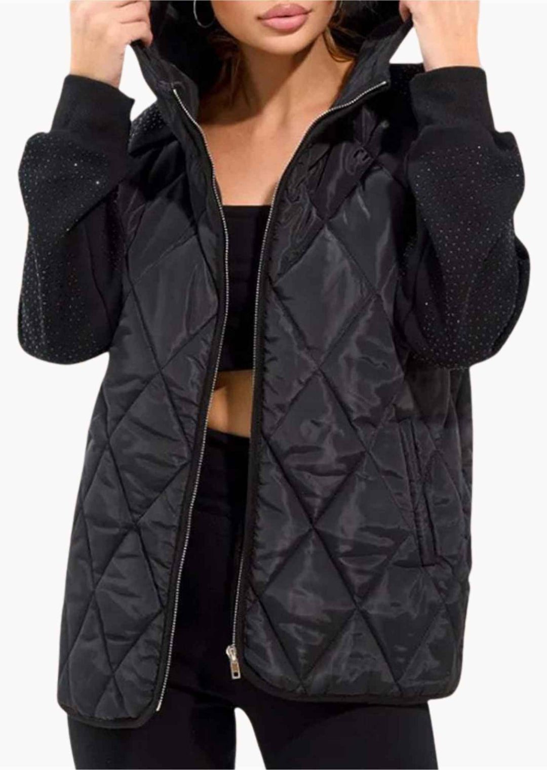 Kali | Women’s quilted hooded jacket with sparkling sleeves