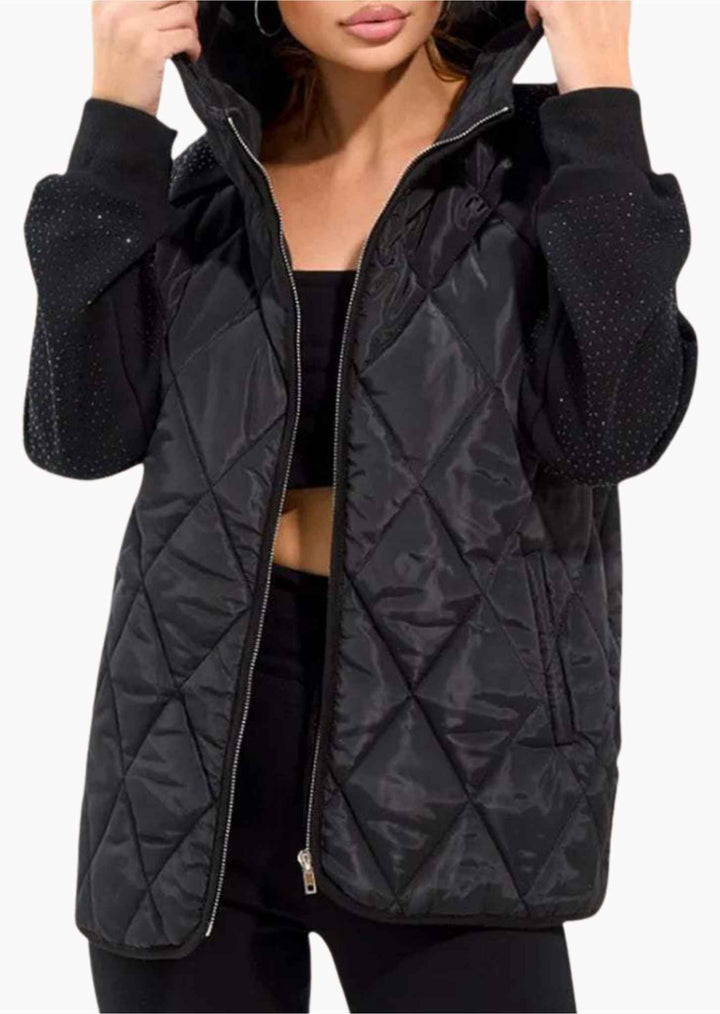 Kali | Women’s quilted hooded jacket with sparkling sleeves