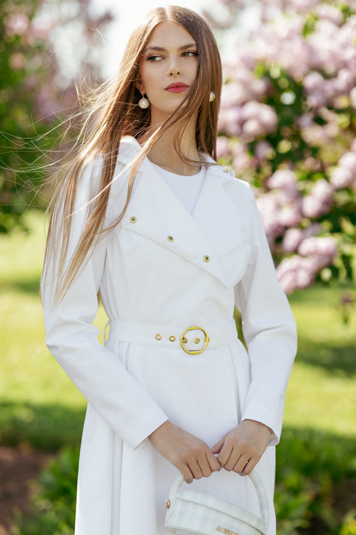 Marjorie | Women’s double-breasted trench coat with hood and belt detail