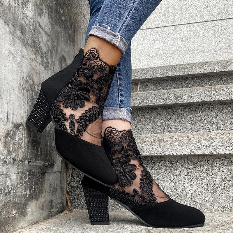 Kisha | Women’s lace ankle boots with floral mesh and block heel