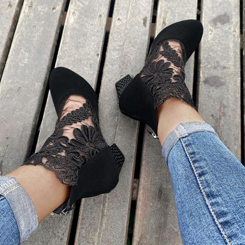 Kisha | Women’s lace ankle boots with floral mesh and block heel