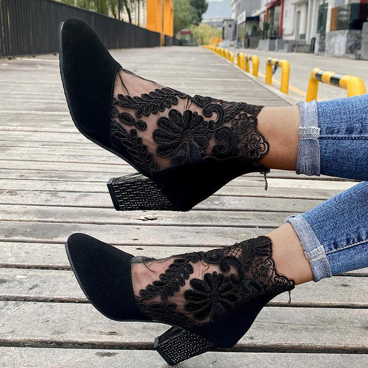 Kisha | Women’s lace ankle boots with floral mesh and block heel