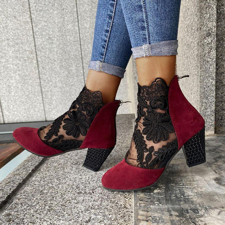 Kisha | Women’s lace ankle boots with floral mesh and block heel