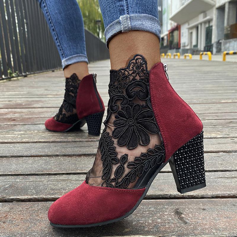 Kisha | Women’s lace ankle boots with floral mesh and block heel