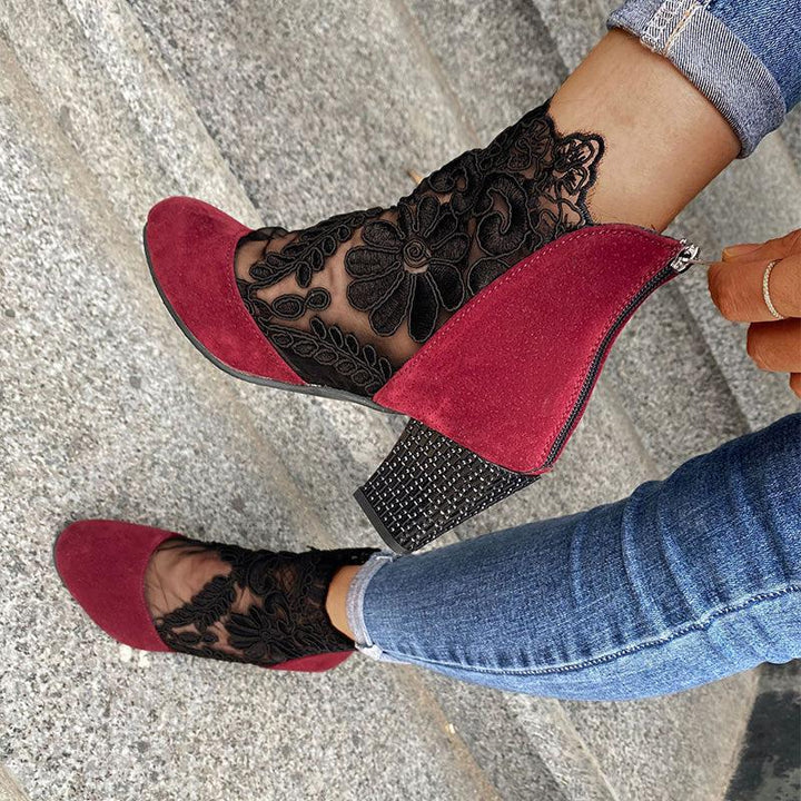 Kisha | Women’s lace ankle boots with floral mesh and block heel