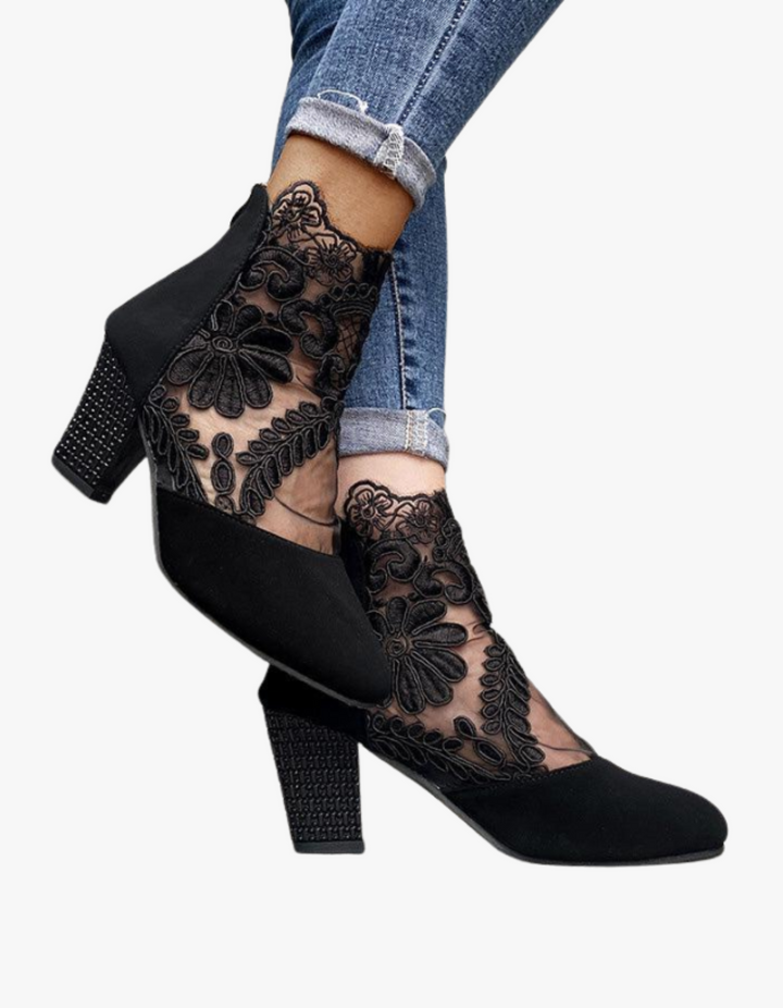 Kisha | Women’s lace ankle boots with floral mesh and block heel