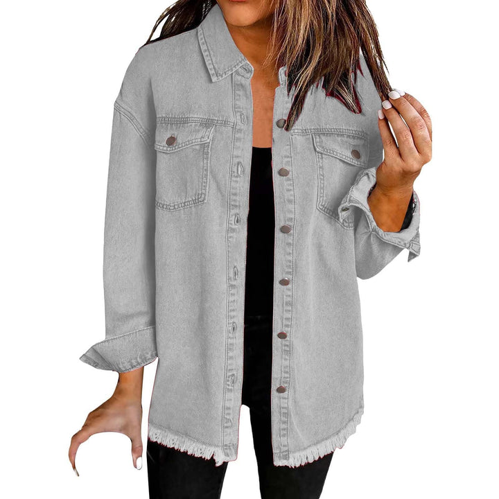 Katya | Women’s casual button-up denim jacket with frayed hem