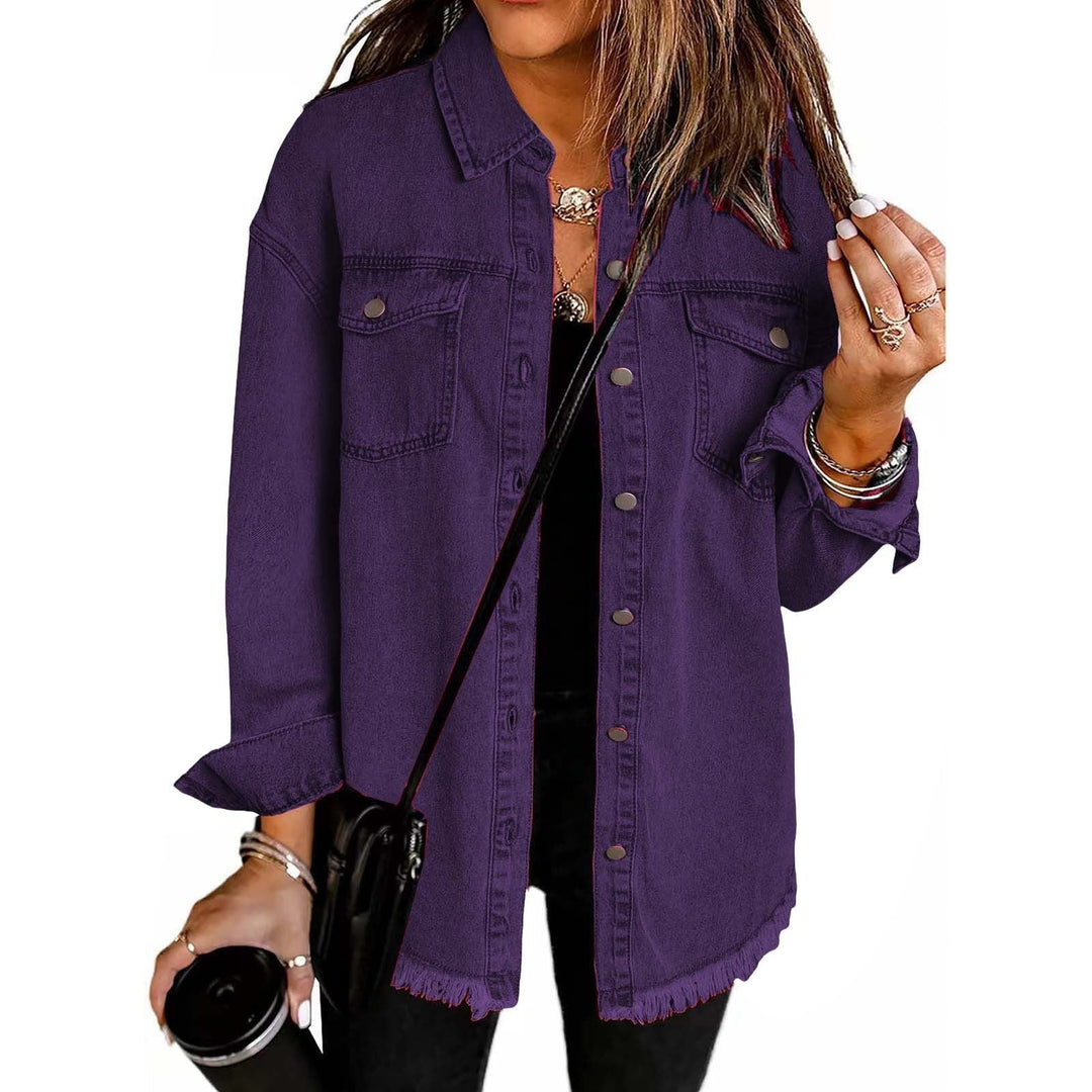Katya | Women’s casual button-up denim jacket with frayed hem