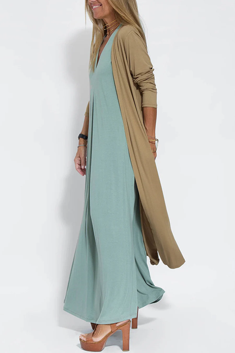 Klae | Women’s v-neck ruched tank dress with long slit cardigan set