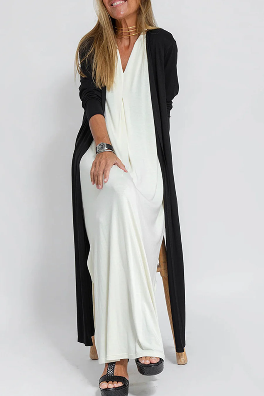 Klae | Women’s v-neck ruched tank dress with long slit cardigan set