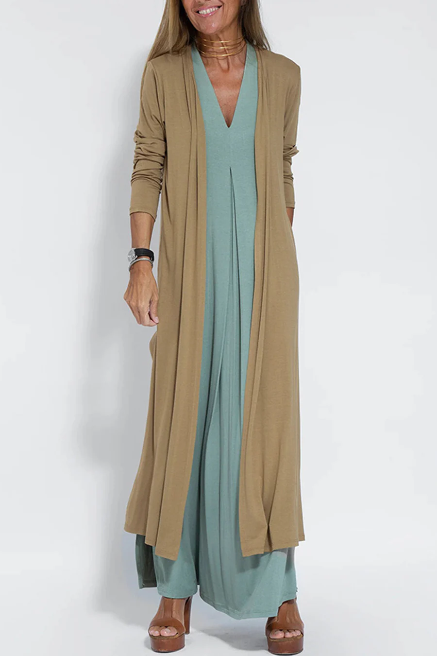 Klae | Women’s v-neck ruched tank dress with long slit cardigan set
