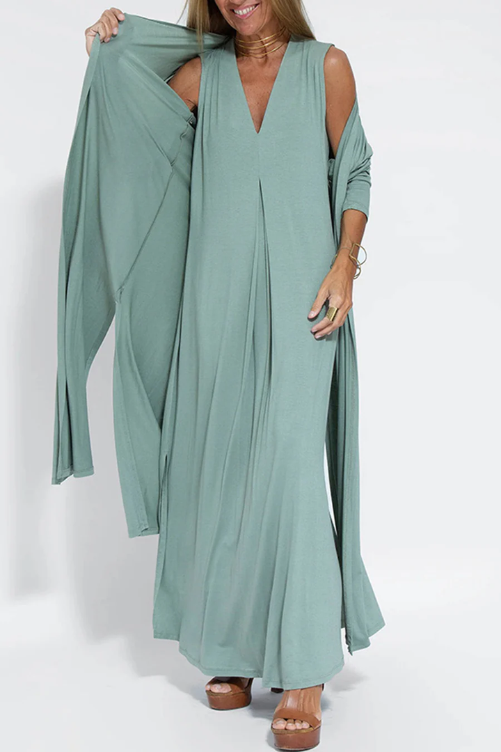 Klae | Women’s v-neck ruched tank dress with long slit cardigan set