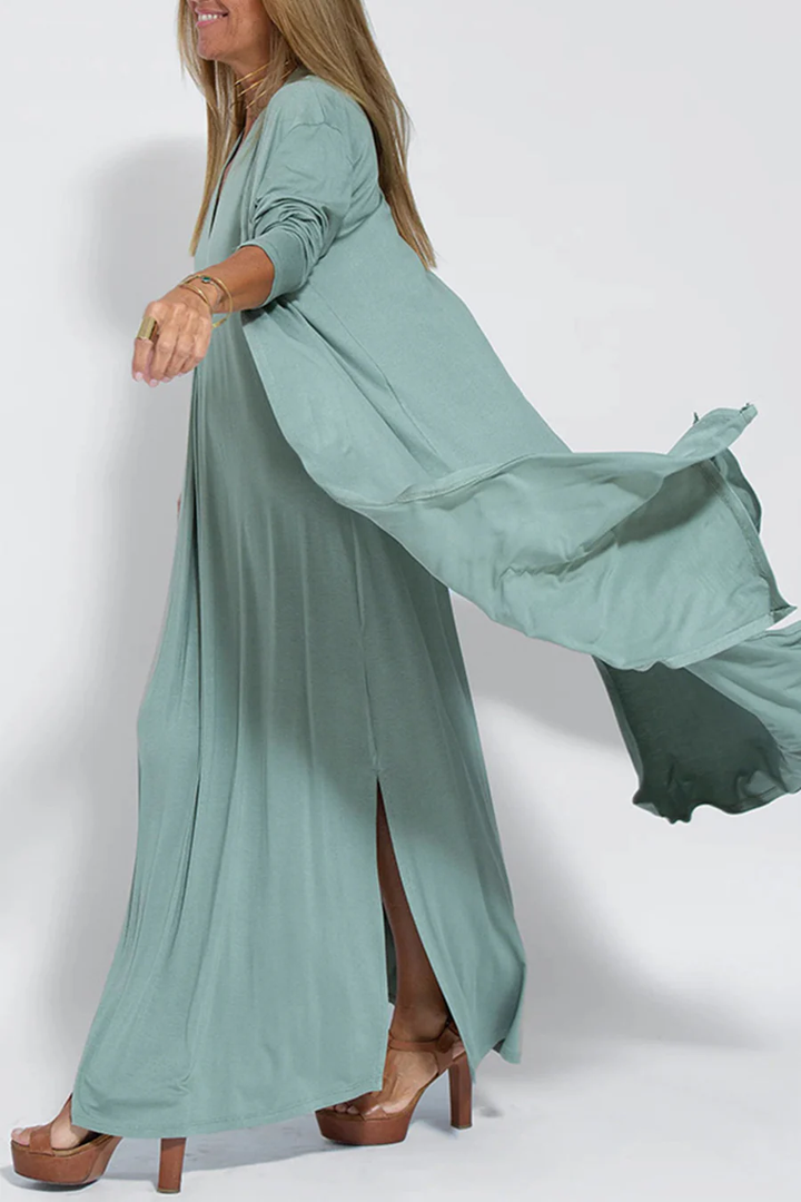 Klae | Women’s v-neck ruched tank dress with long slit cardigan set
