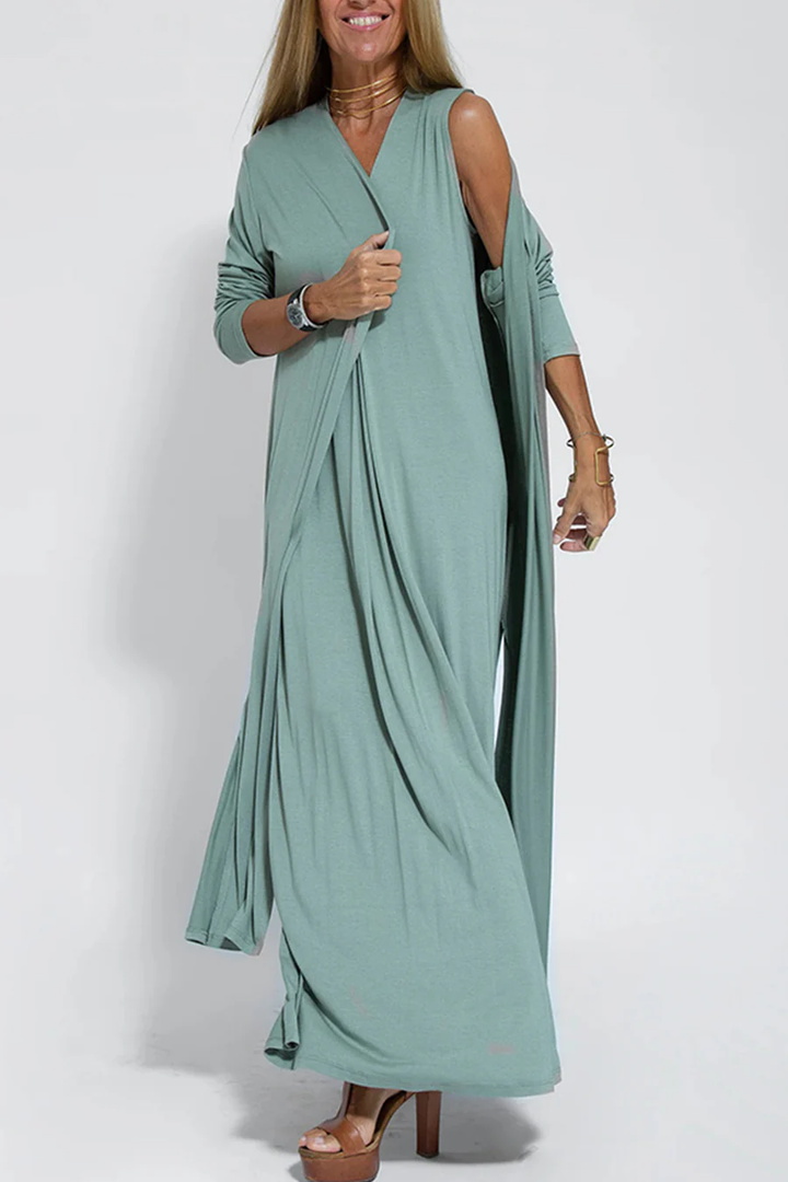 Klae | Women’s v-neck ruched tank dress with long slit cardigan set