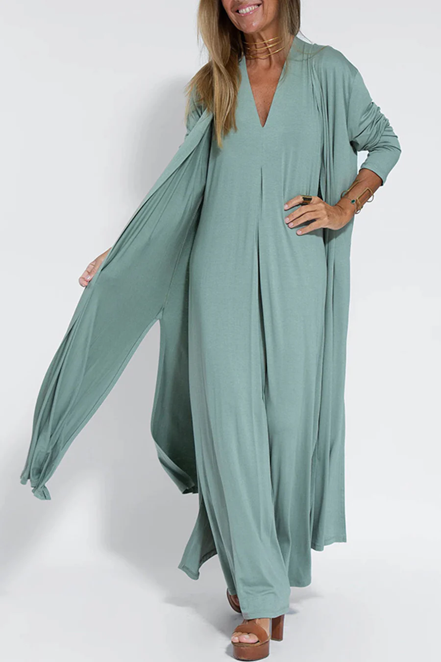 Klae | Women’s v-neck ruched tank dress with long slit cardigan set