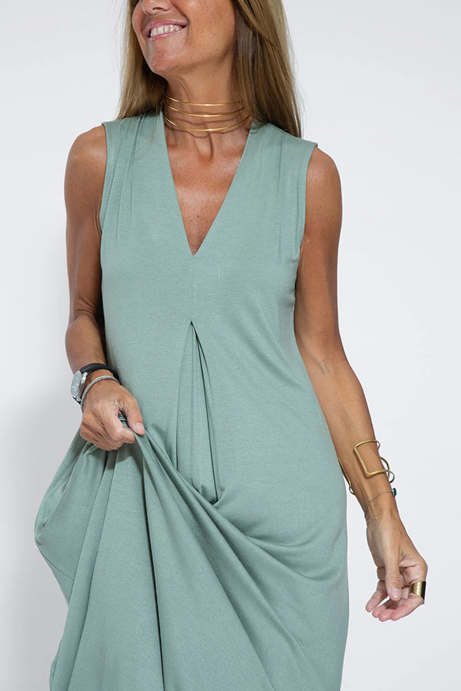 Klae | Women’s v-neck ruched tank dress with long slit cardigan set