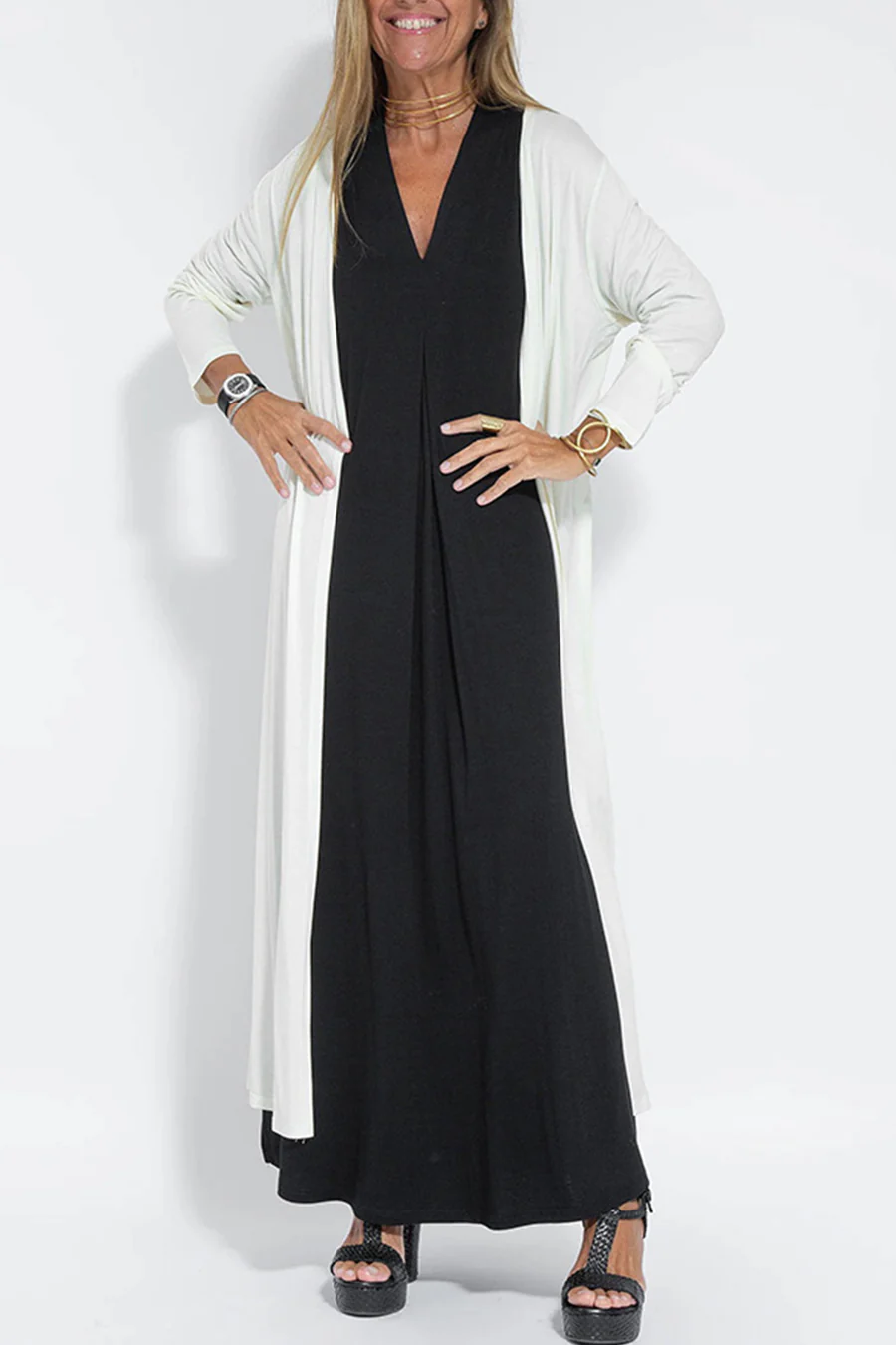 Klae | Women’s v-neck ruched tank dress with long slit cardigan set