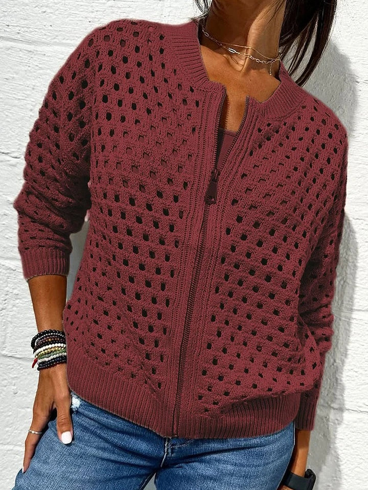 Valerie | Women’s hollow knit zip cardigan with ribbed edges