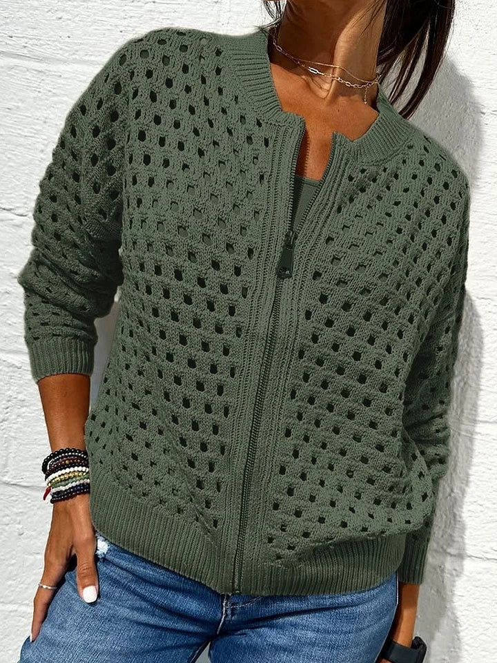Valerie | Women’s hollow knit zip cardigan with ribbed edges