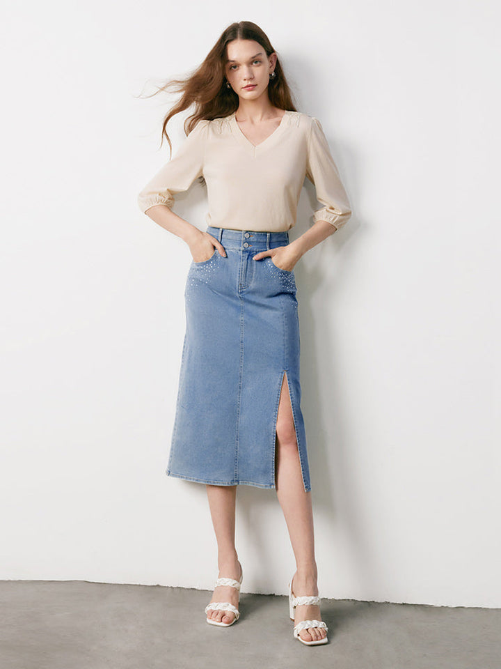 Elouise | Women’s high-waist denim midi skirt with front slit