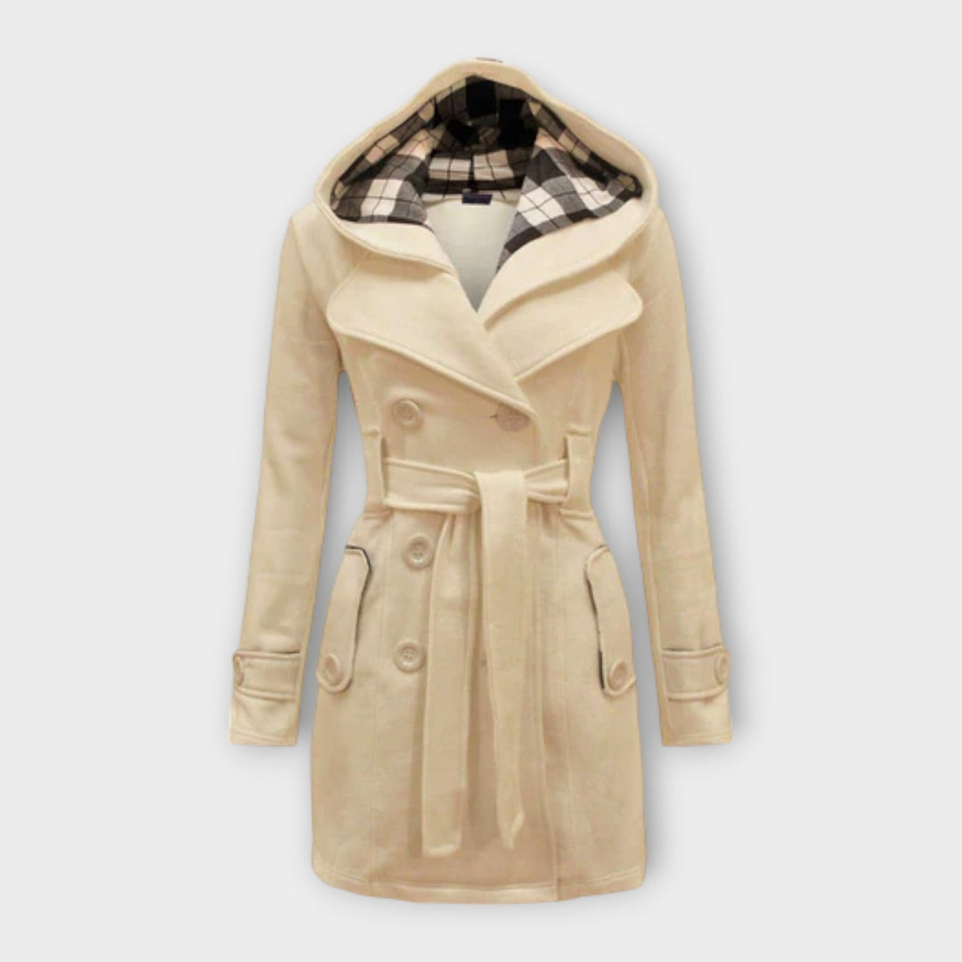 Yusra | Women’s belted wool blend coat with check-pattern hood
