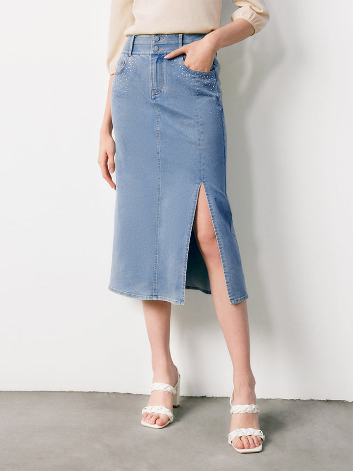 Elouise | Women’s high-waist denim midi skirt with front slit