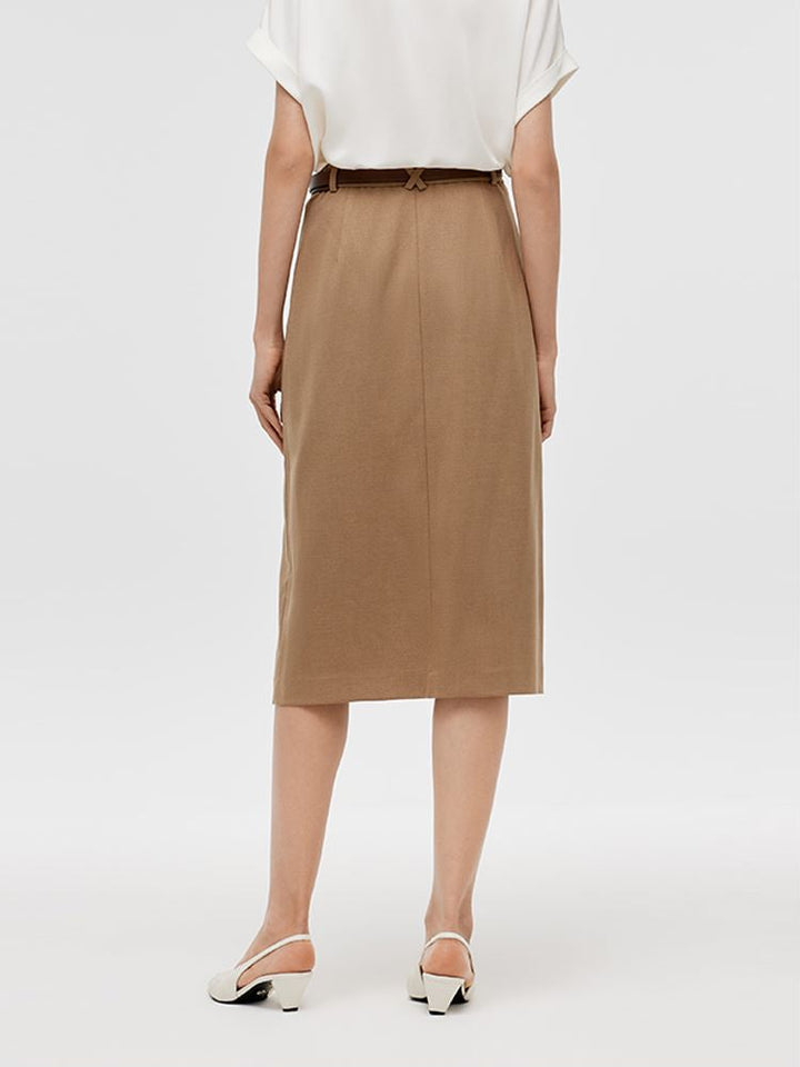 Alora | Women's basic straight slit midi skirt with belt