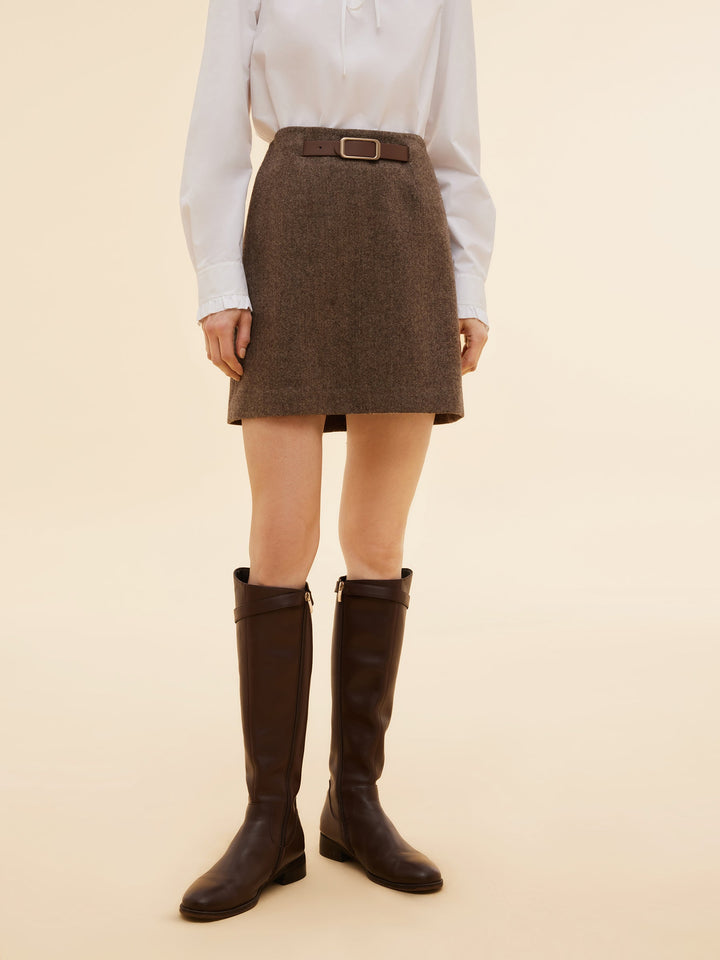 Arya | Women's wool A-line mini skirt with leather belt