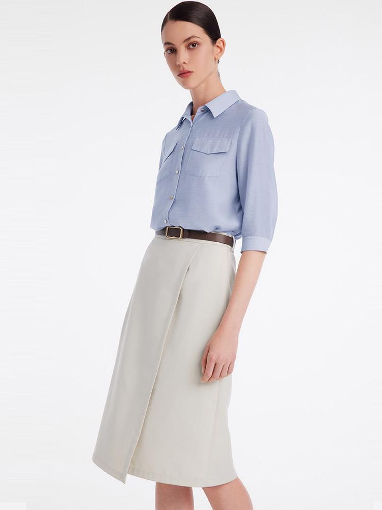 Vada | Women’s acetate shirt and asymmetric skirt set with leather belt