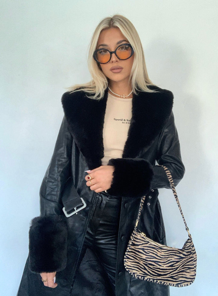 Harley | Women’s long vegan leather trench coat with faux fur trim and belt