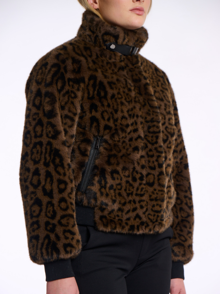 Ara | Women’s faux fur leopard jacket with stand-up collar