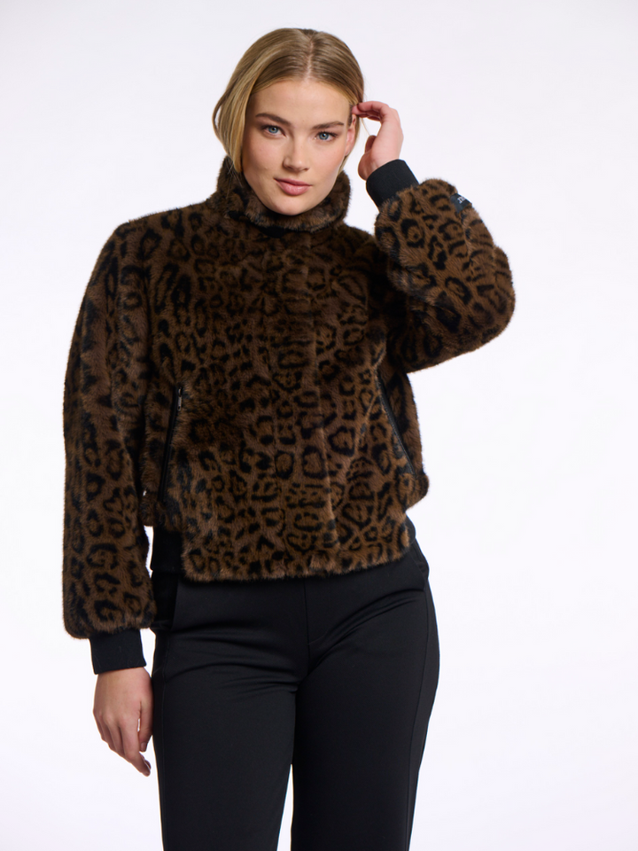Ara | Women’s faux fur leopard jacket with stand-up collar
