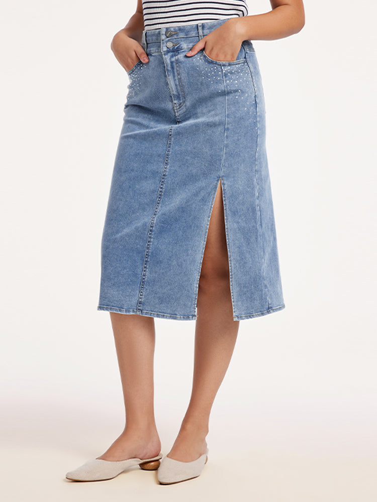 Elouise | Women’s high-waist denim midi skirt with front slit