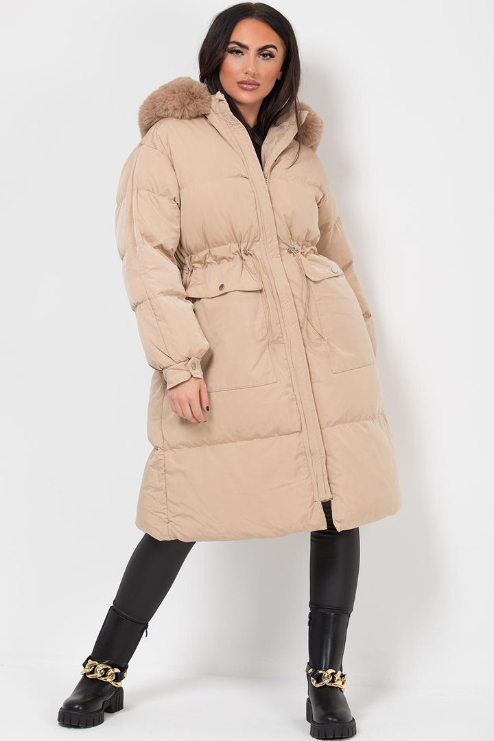 Jolie | Women's longline puffer coat with premium faux fur hood