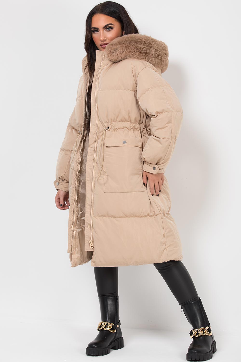 Jolie | Women's longline puffer coat with premium faux fur hood
