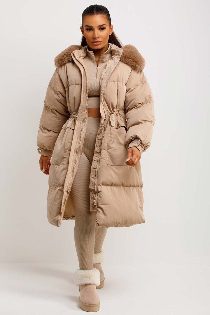 Jolie | Women's longline puffer coat with premium faux fur hood