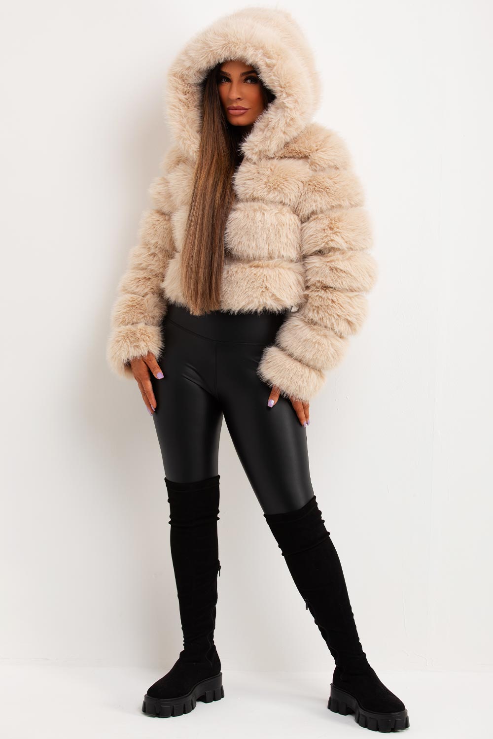 Karla | Women’s plush faux fur hooded cropped jacket