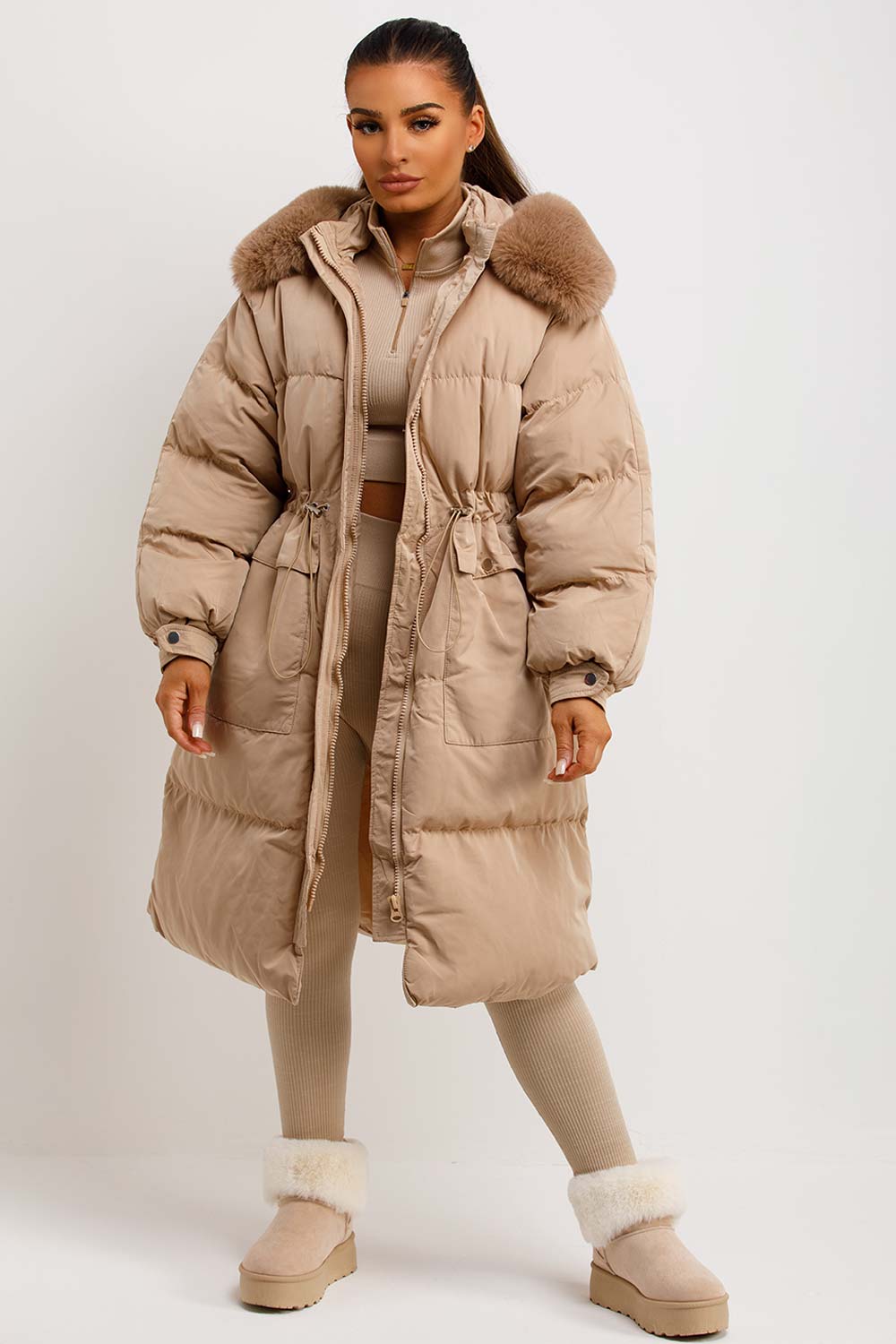 Jolie | Women's longline puffer coat with premium faux fur hood