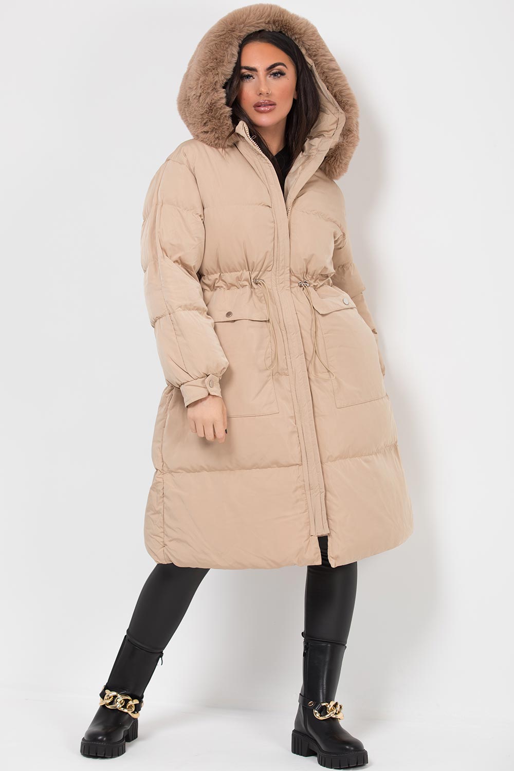 Jolie | Women's longline puffer coat with premium faux fur hood