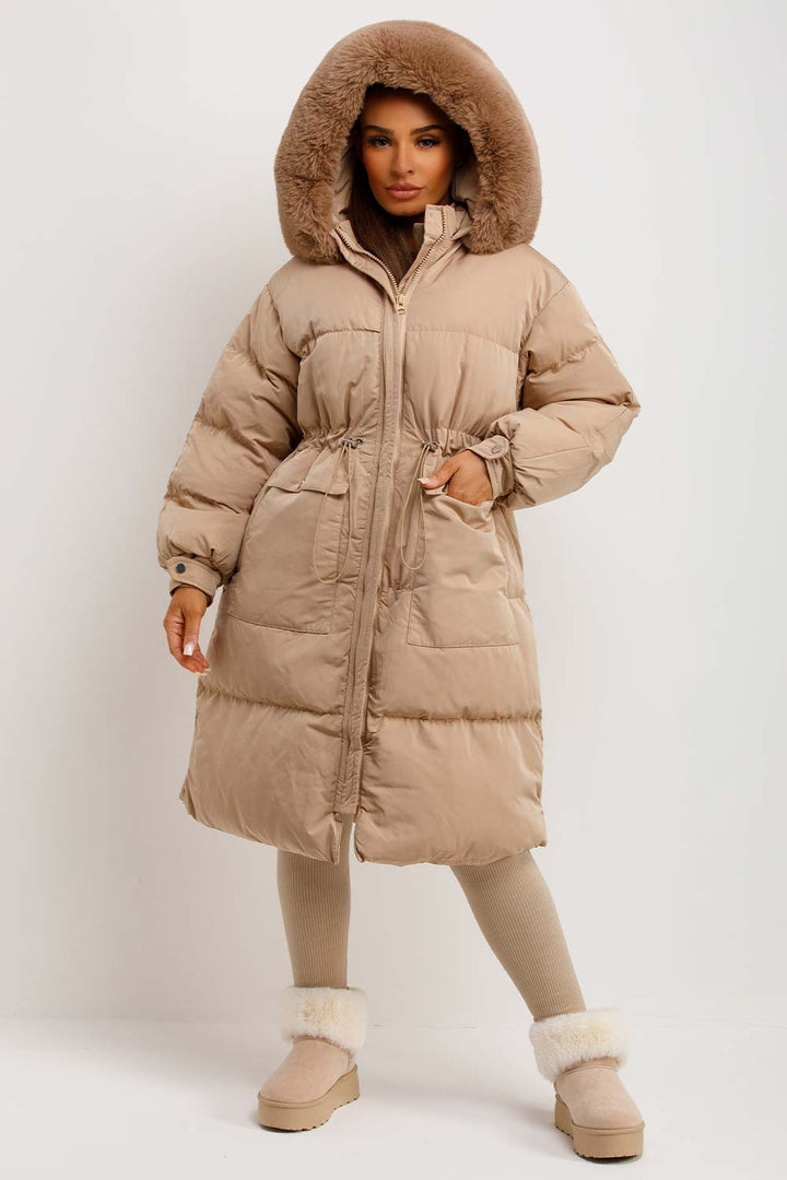 Jolie | Women's longline puffer coat with premium faux fur hood